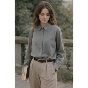 J. Jill Womens Brown Gray Button Back Long Sleeve Shirt Hidden Placket Blouse M